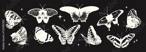 Various butterflies photocopy effect negative elements set with grunge stippling grain messy texture. Trendy spring and summer y2k aesthetic vector illustration isolated on black background