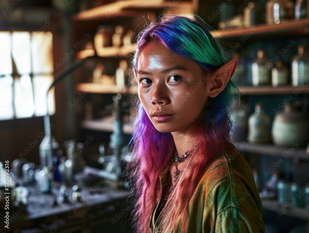 Fototapeta premium a woman with colorful hair and elf ears