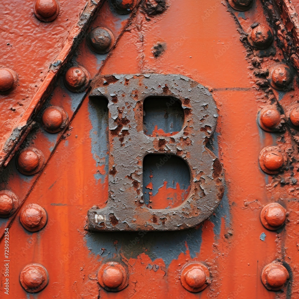 a rusted metal letter b