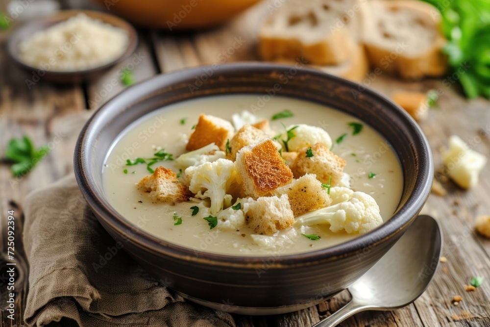 a bowl of soup with croutons and cauliflower