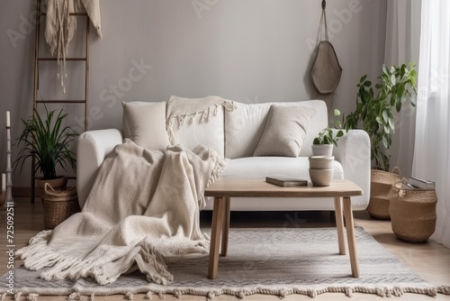 White sofa with grey pillows and a blanket in a little living space