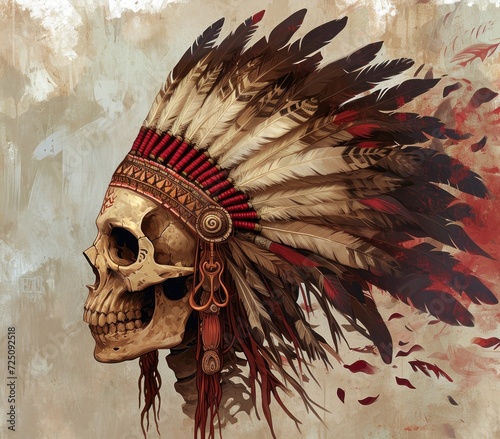 a skull wearing a feathered headdress