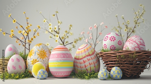  a group of painted eggs sitting in a basket next to some flowers and a twig with a twig sticking out of it.