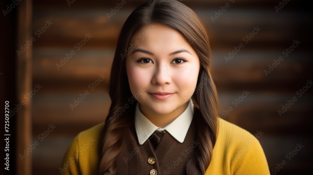 a woman with long hair wearing a yellow sweater and brown vest a woman with long hair wearing a yellow sweater and brown vest
