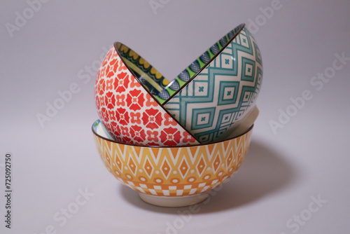 Porcelain bright bowls on the table.