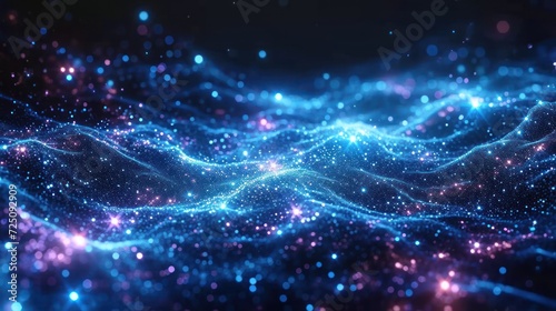  a computer generated image of a wave of blue and pink lights on a black background with a black back ground.