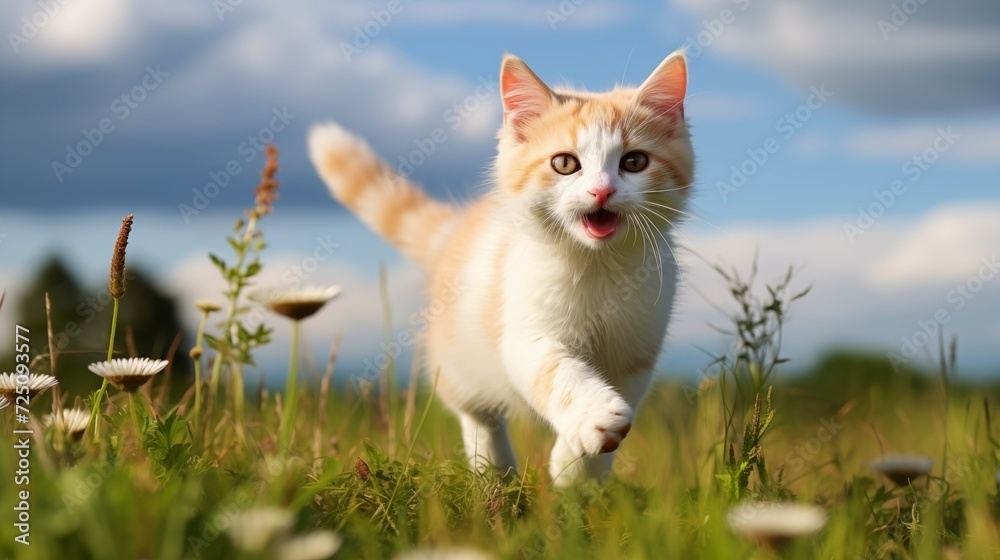 cat, Javanese Bobtail running on a grass cat, Javanese Bobtail running on a grass