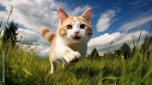 Cat, Japanese Bobtail running on the grass