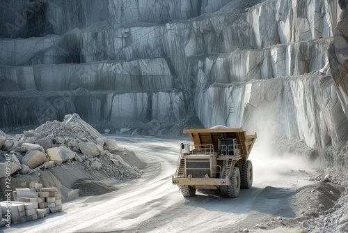 Quarrying of marble at marble quarry is being worked on by heavy large truck Generative AI photo