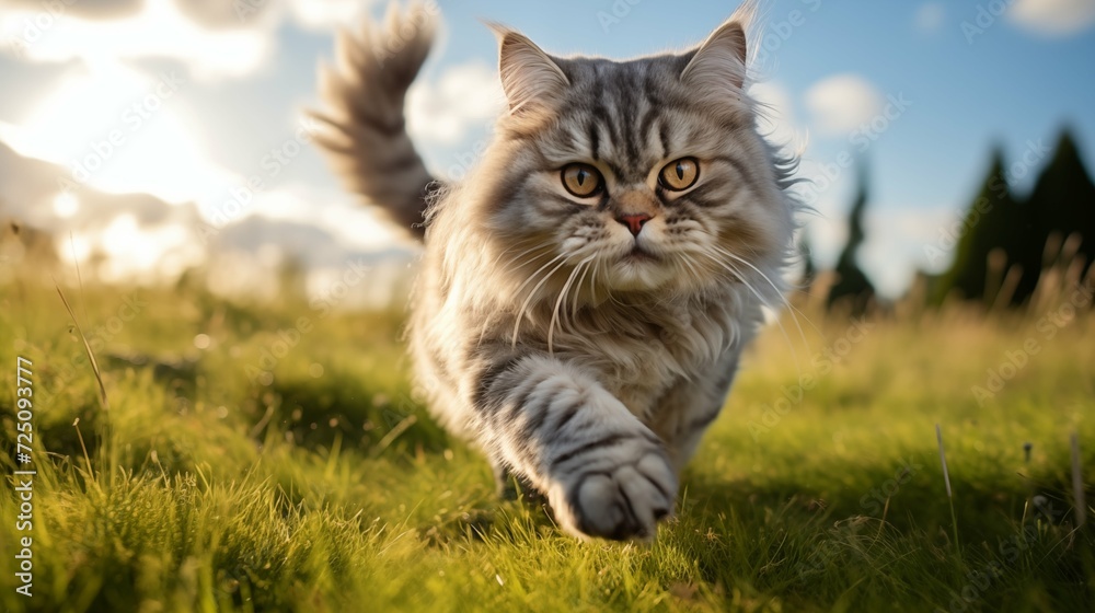 cat, Selkirk Rex running on a grass