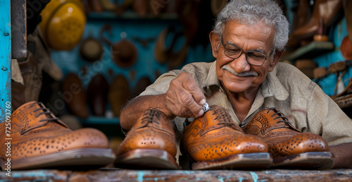 Latino man shoemaker repairing a pair of shoes in his family business