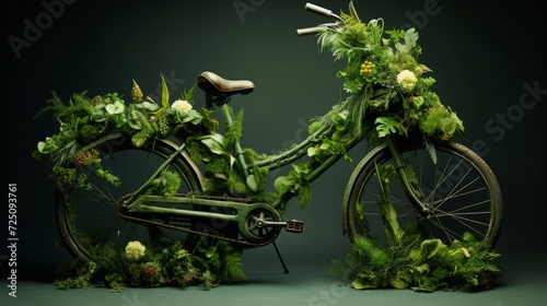 Bicycle overgrown with green plants. Neural network AI generated art photo