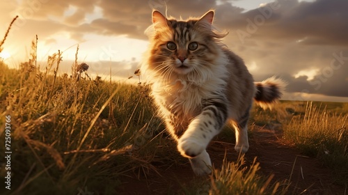 cat, Sam Sawet running on a grass photo