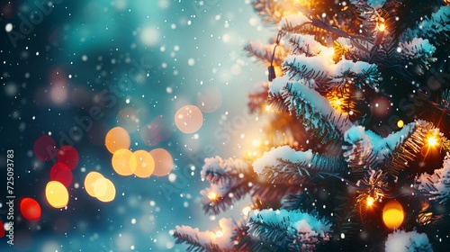 A snow-covered Christmas tree adorned with garland lights stands against a wintry winter background.