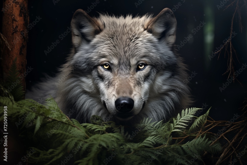 Portrait of a wolf in the dark forest. Ai generated.