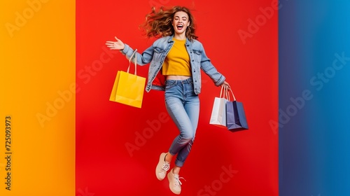 Happy moments of a woman spinning multiple shopping bags against a vivid, colorful background, away from a mall; full-body portrait of the woman bouncing joyfully into the air on red background photo