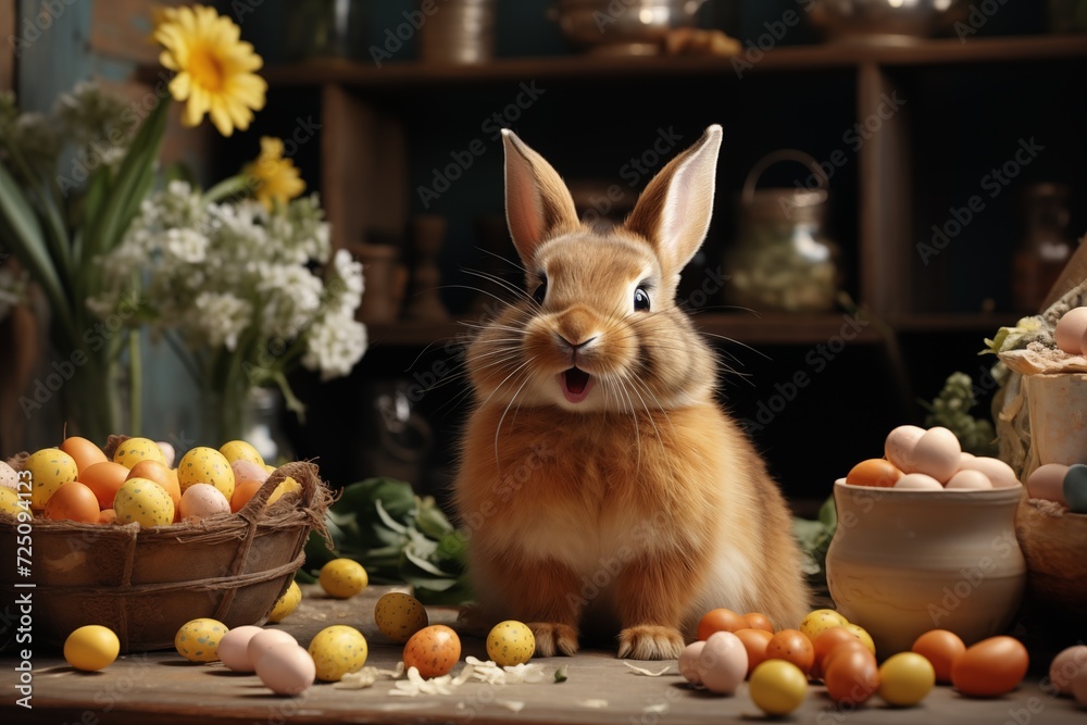 Obraz premium Curious Bunny Surrounded by Colorful Easter Eggs in a Rustic Kitchen Setting