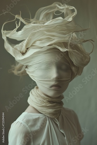 Surreal portrait of woman wrapped in flowing tulle, evoking a sense of delicate mystery