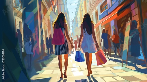 Vector illustration. Cartoon animation. Ladies strolling around the city and shopping