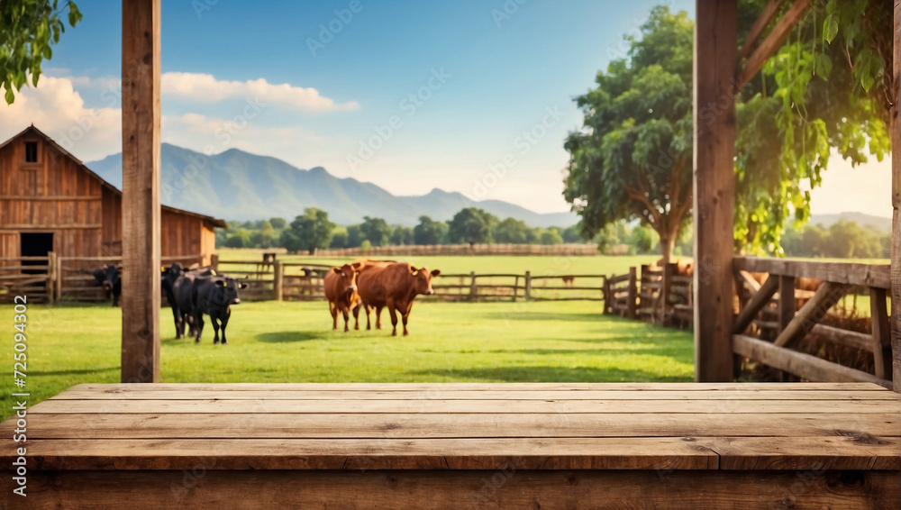 Empty wooden table for product display with cattle farm background
