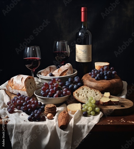  a table topped with a bowl of grapes next to a bottle of wine and a plate of bread and grapes.