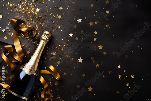 Champagne bottle with golden confetti on black background with copy space