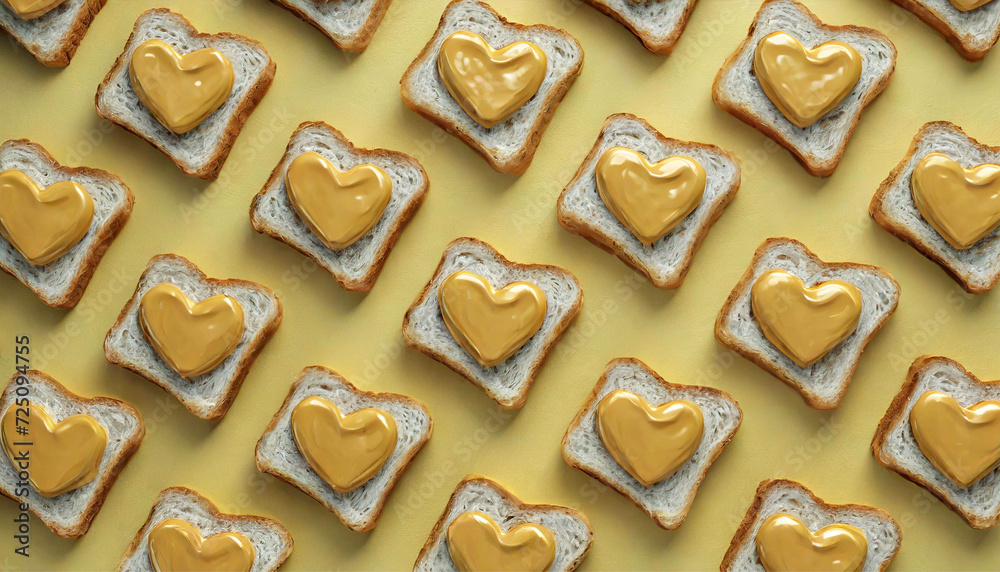 Geometrical pattern of toast with heart-shaped peanut butter, top view, illustration