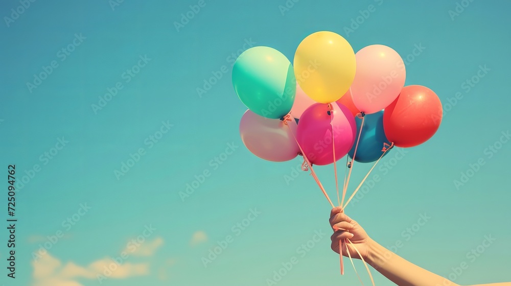 background holding strings attached to colorful balloons filled with helium gas and preparing to fly into the sky