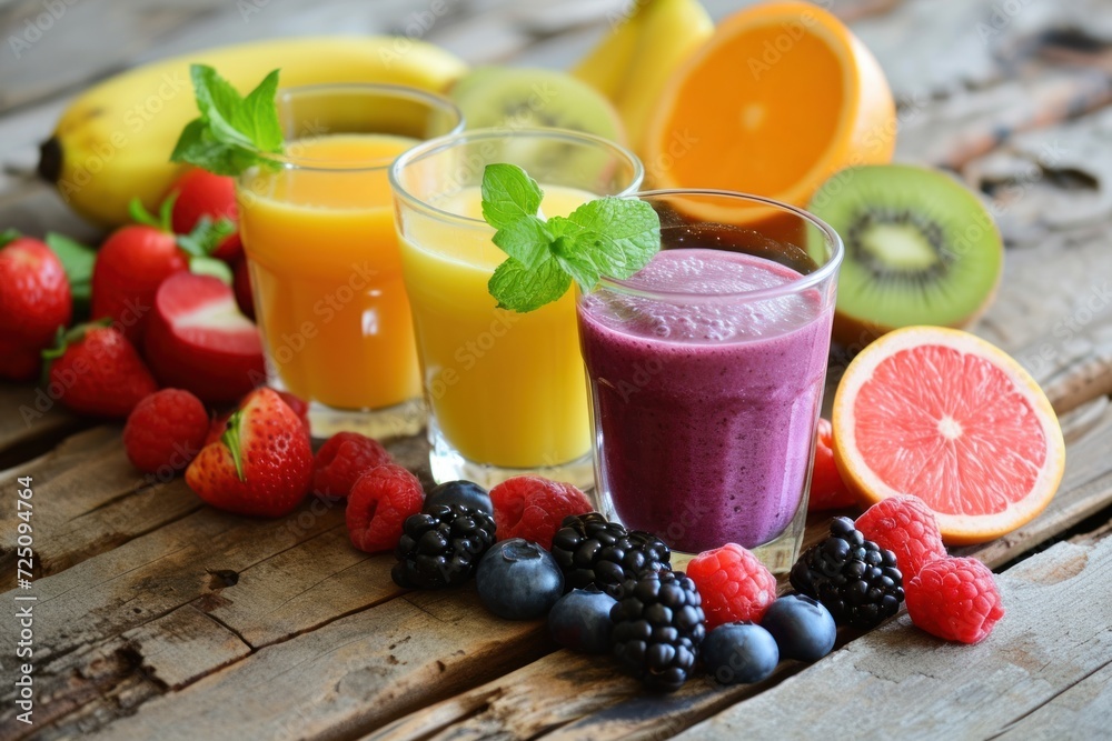 a group of glasses of fruit juice and fruits on a table a group of glasses of fruit juice and fruits on a table