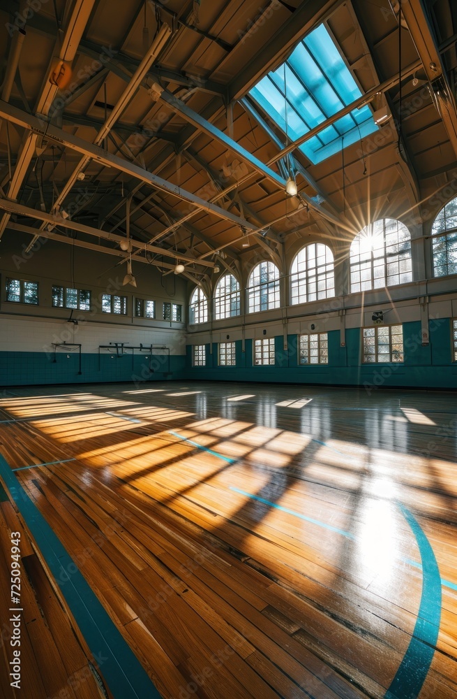 a gym with a wooden floor and windows