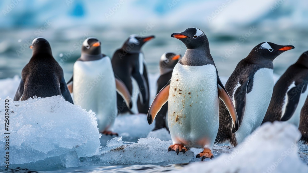 Fototapeta premium a group of penguins standing on ice