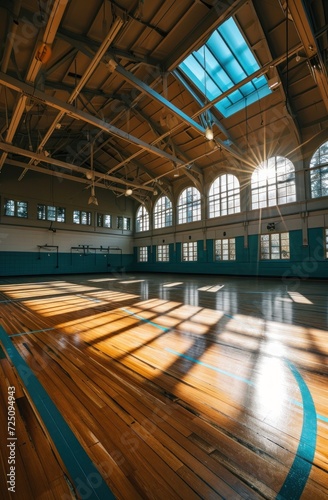 a gym with a wooden floor and windows