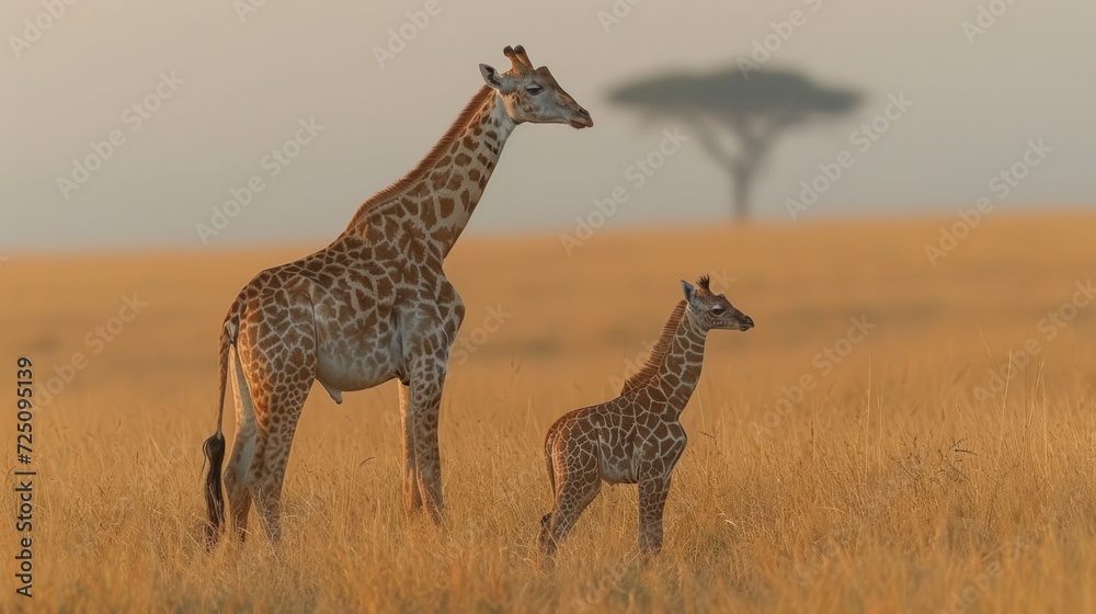 Obraz premium a baby giraffe standing next to an adult giraffe in a dry grass field with a tree in the background.