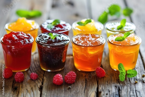 a group of jelly in small glasses with berries