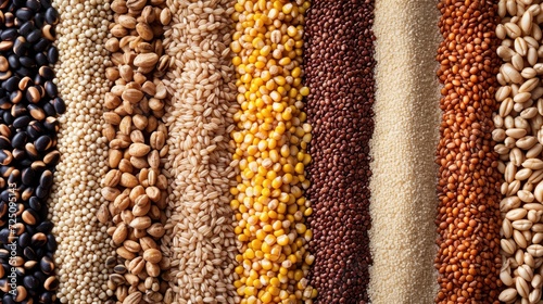  a close up of a variety of grains and grains of different colors and sizes on a table with a black and white stripe in the middle.