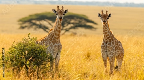  two giraffes standing next to each other in a field of tall grass with a tree in the background.