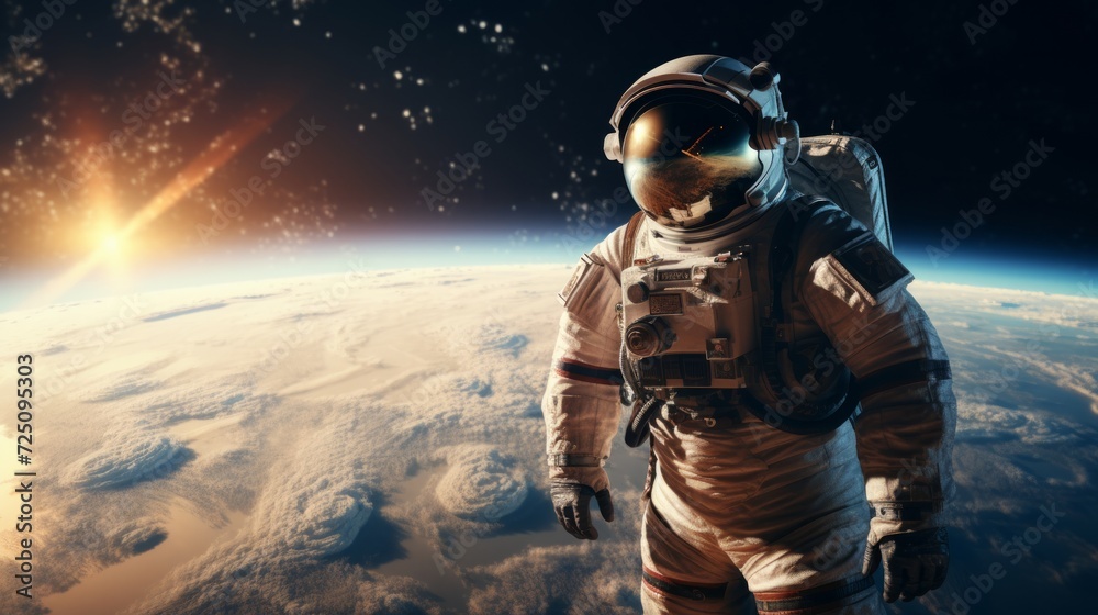 Astronaut against the backdrop of the earth in space. Neural network AI generated art Astronaut against the backdrop of the earth in space. Neural network AI generated art