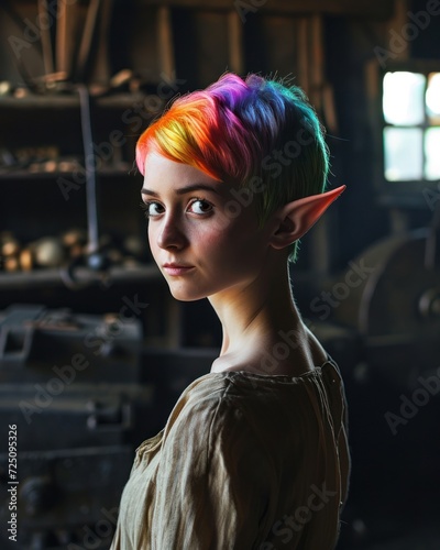 a woman with colorful hair and ears