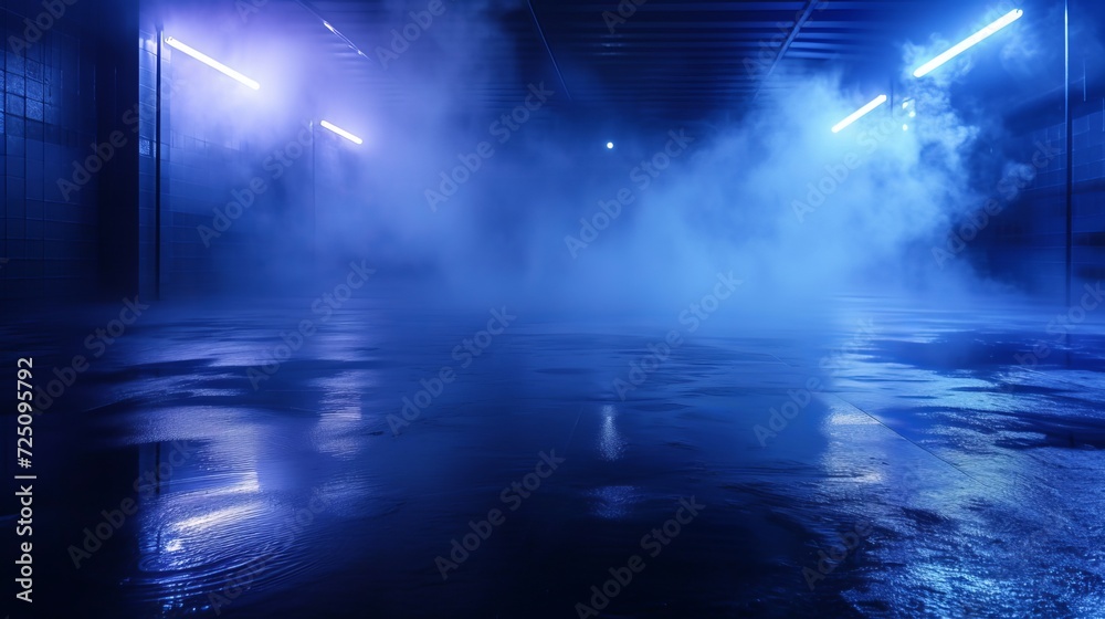 Dark, empty scene with smoke and fog on a dark blue backdrop, on wet asphalt on a dimly lit street, illuminated by spotlights and neon signs.