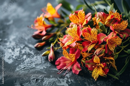 a bouquet of flowers on a black surface photo