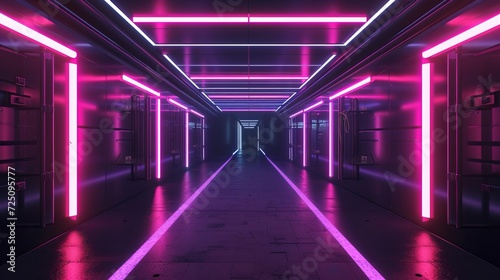a lengthy  dim hallway with neon illumination and a wet concrete floor