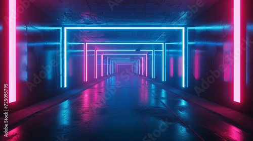 a lengthy, dim hallway with neon illumination and a wet concrete floor