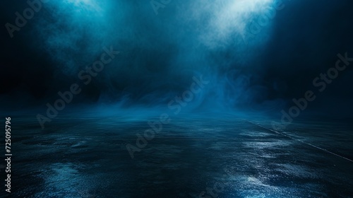 Dark, empty scene with smoke and fog on a dark blue backdrop, on wet asphalt on a dimly lit street, illuminated by spotlights and neon signs. © xelilinatiq