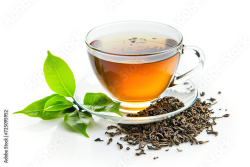 A clear cup of brewed tea, accompanied by loose tea leaves and a fresh green sprig, against a white background.