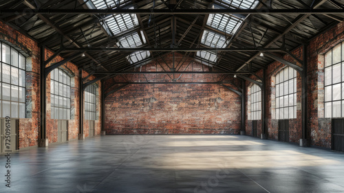 Industrial loft style empty old warehouse interior, brick wall, concrete floor and black steel roof structure photo