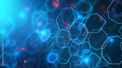 a deep blue backdrop with blue lights illuminating hexagons