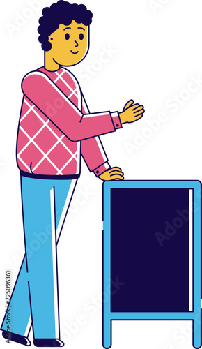 Casual man presenting blank board, standing, smiling, presenting. Friendly male host showing empty menu, announcement board vector illustration.