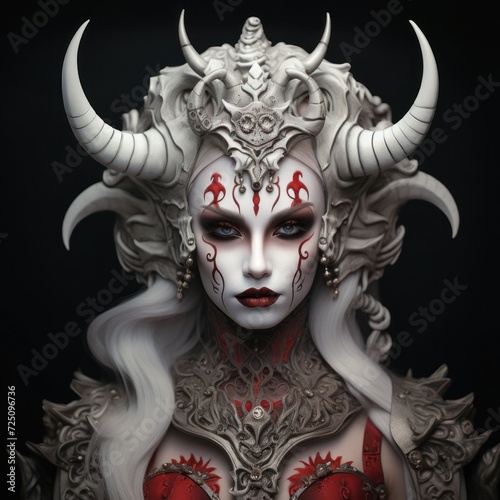 a woman with horns and red paint on her face