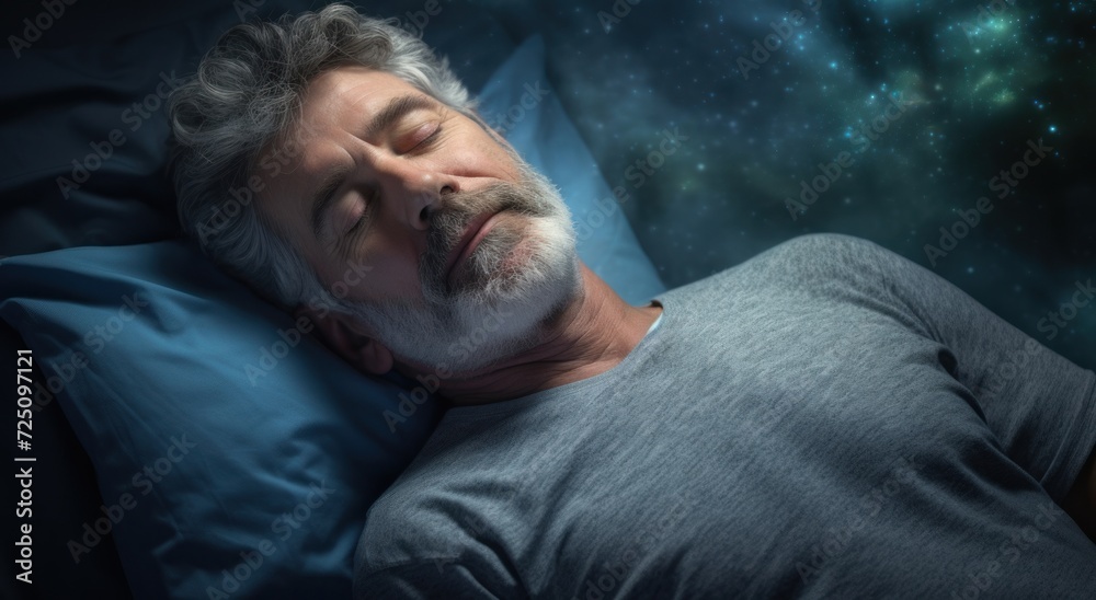 a man sleeping in bed with white powder on his beard