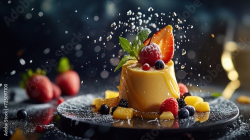  a piece of cake with fruit on top of it on a plate with a glass of wine in the background. © Anna
